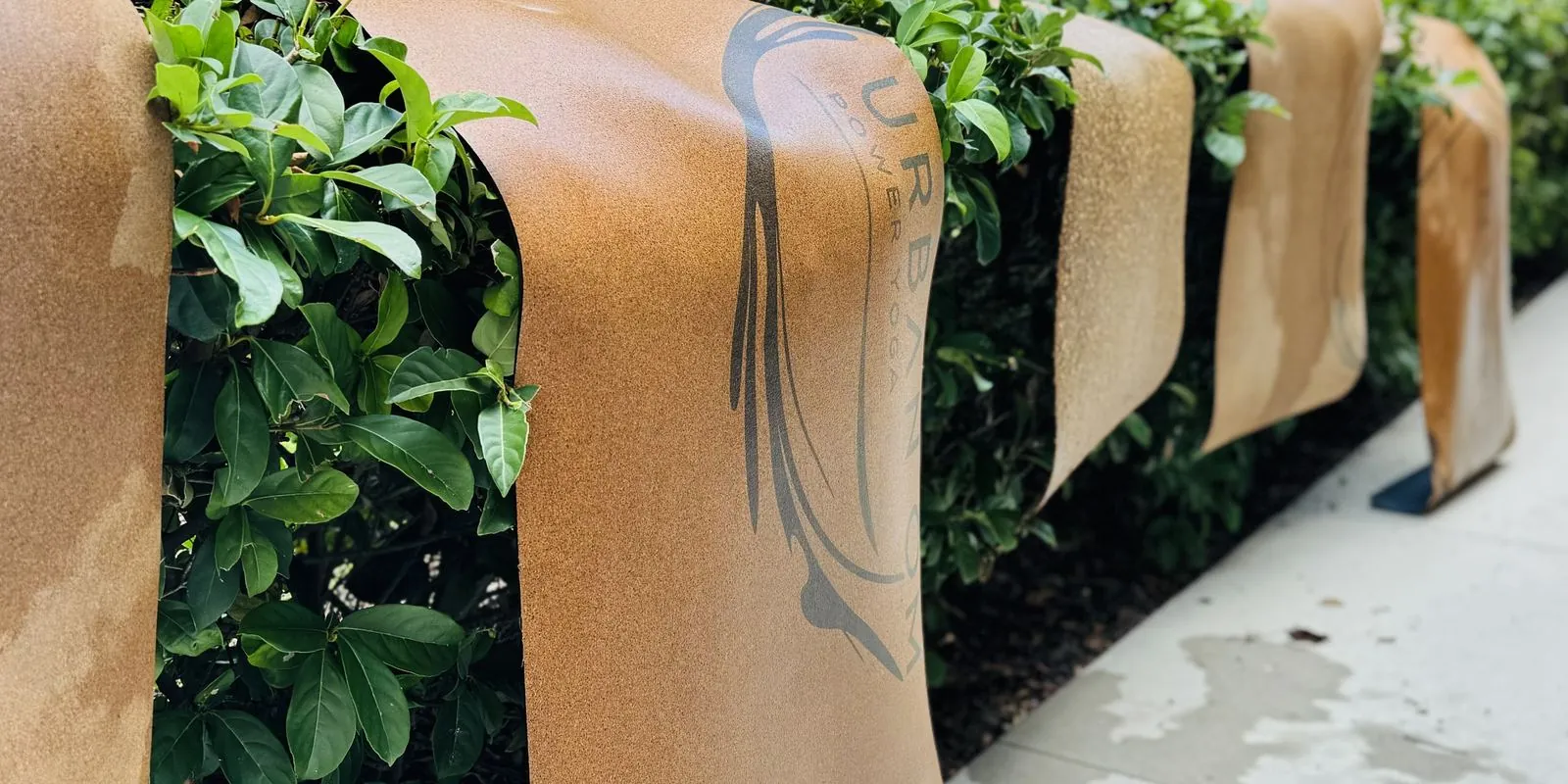 Urban Ōm Power Yoga cork mats draped over a green hedge beside a sidewalk